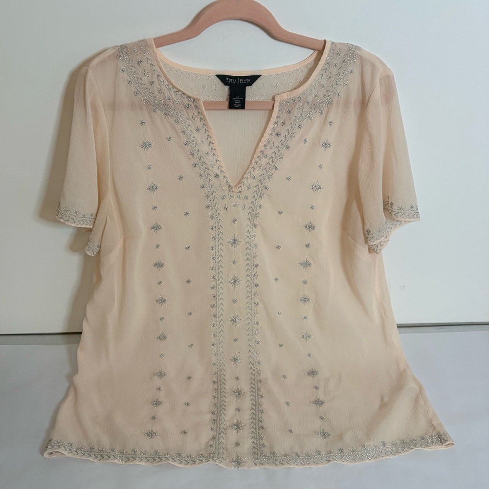 White House Black Market Blush Embroidered Blouse